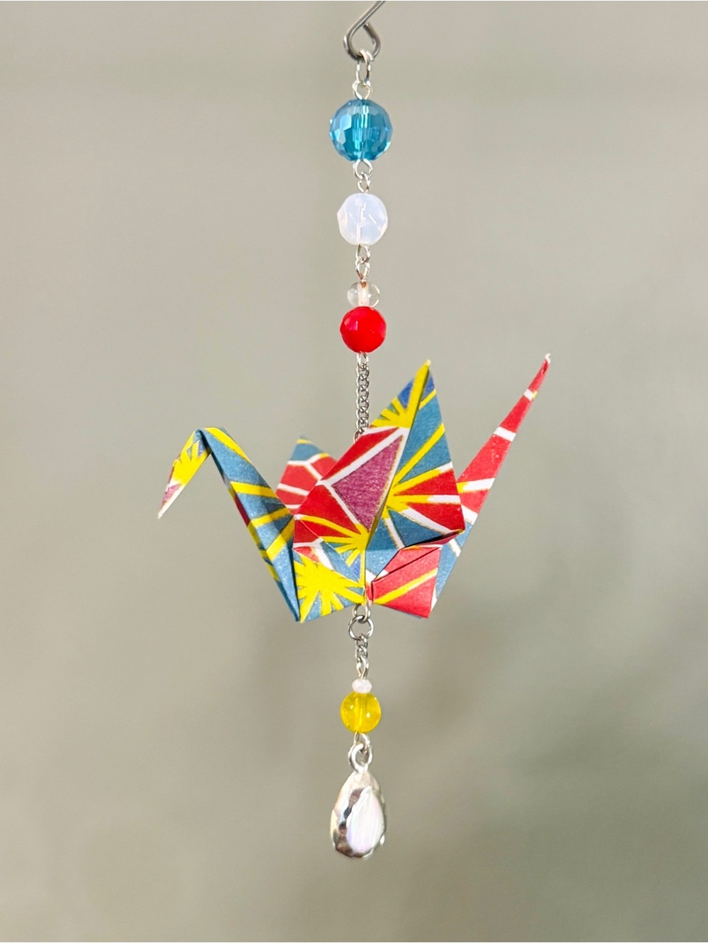 Origami Ornament #2561 - Medium Crane with Repurposed Beads